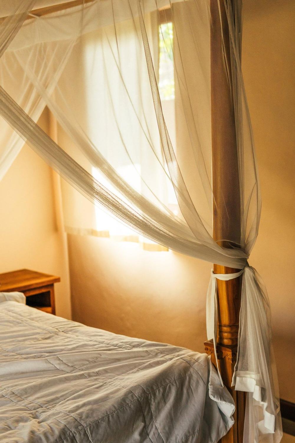 A sheer canopy draped over a wooden bed post