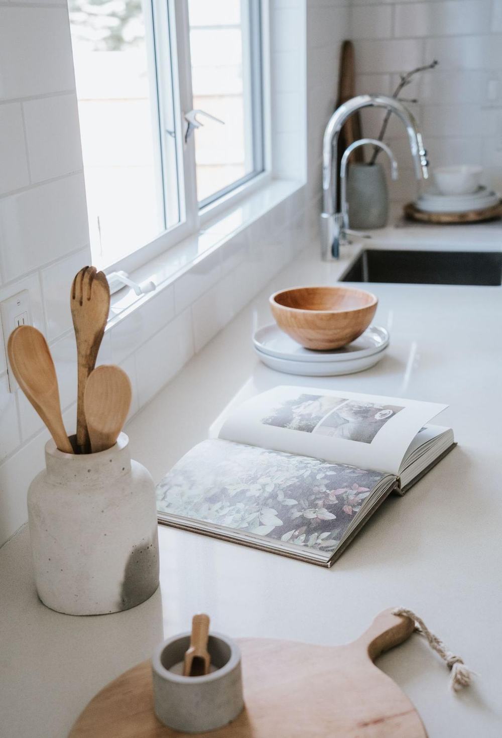 Wooden bowl on a kitchen counter