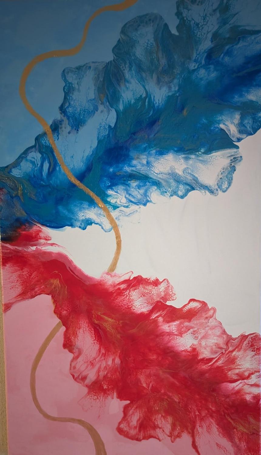 A tall painting with blue above and red below, joined by a thin gold line