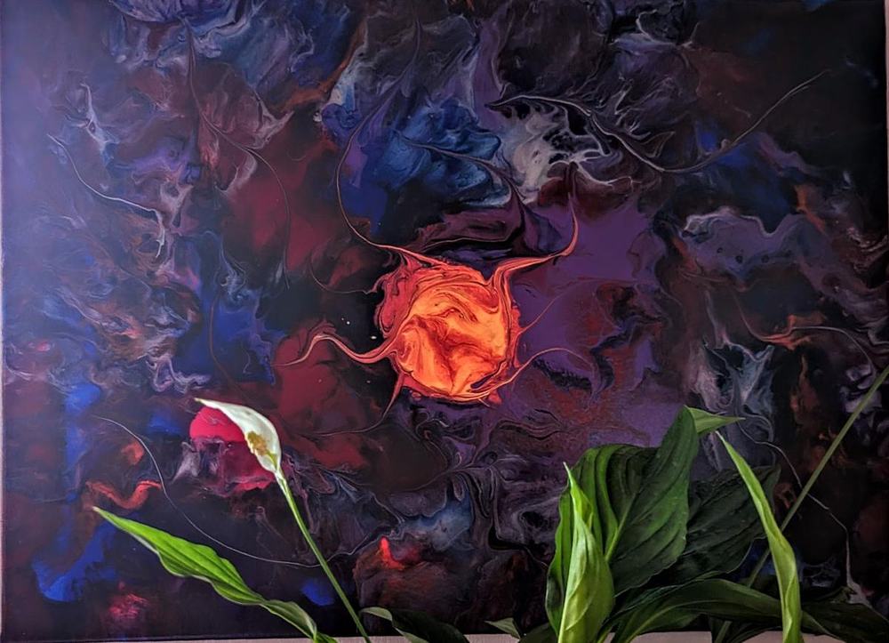 A dark purple and red fluid art painting with a burning orange circle in the center