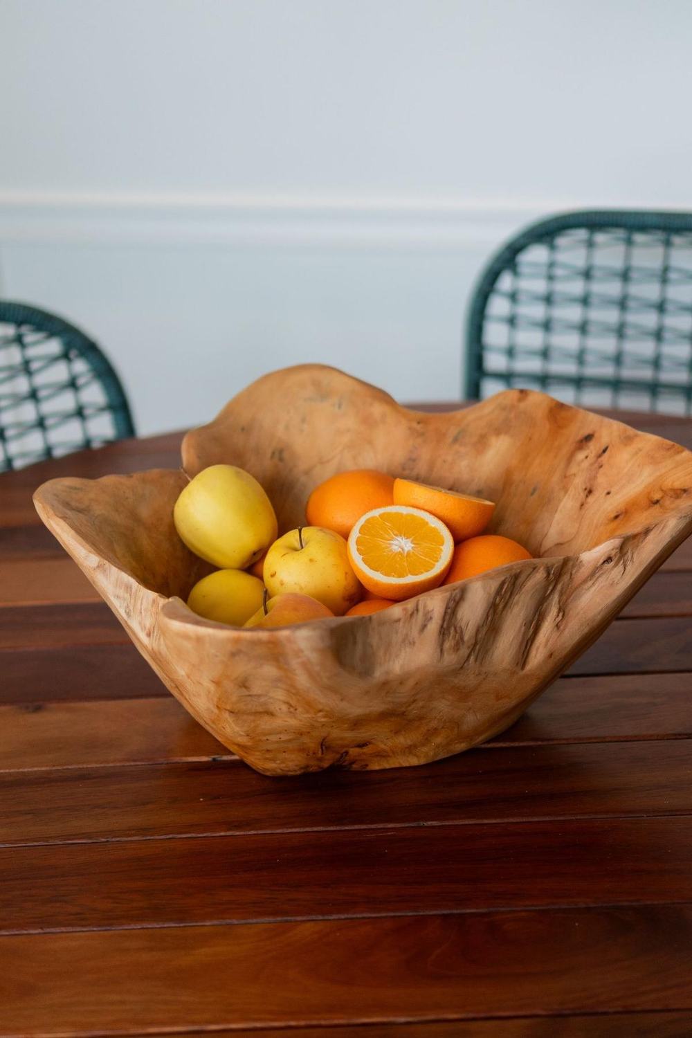 Live-edge wooden bowl with fruit